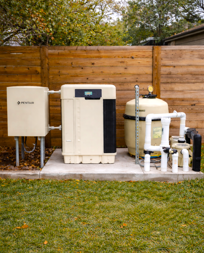 Pool equipment on concrete pad beside a wooden fence: heat pump, filter, and plumbing components visible in a backyard setting.