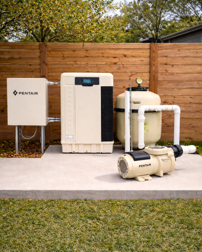 Outdoor pool equipment on a concrete pad: beige Pentair pump and filtration system connected by white PVC pipes, against a wooden fence.