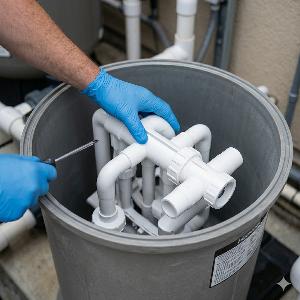 Technician with blue gloves tightening PVC plumbing fittings in a large gray bucket.