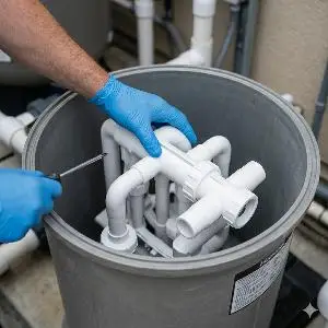 Pool Filter Repair - SWIMREADY Pool Service - SWIMREADY Pool Service Technician with blue gloves tightening PVC plumbing fittings in a large gray bucket.
