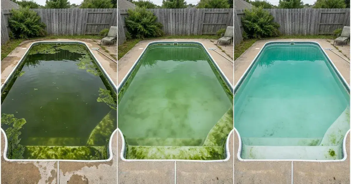 Stages of a green to clean pool recovery in Santa Rosa CA, from heavy algae through cloudy green to clear water