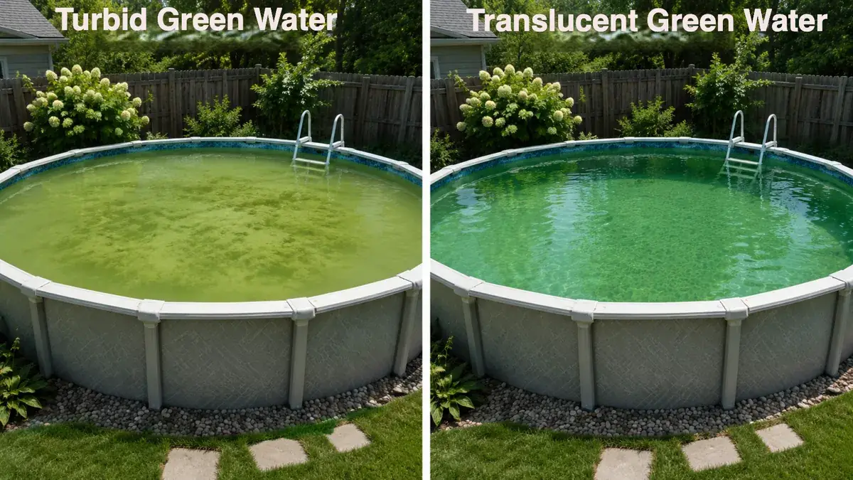 Side by side comparison of turbid green pool water caused by algae and translucent green pool water caused by copper