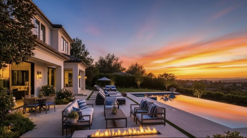 Luxurious backyard with a modern house, outdoor seating, and an illuminated fire pit at sunset over a reflecting pool.
