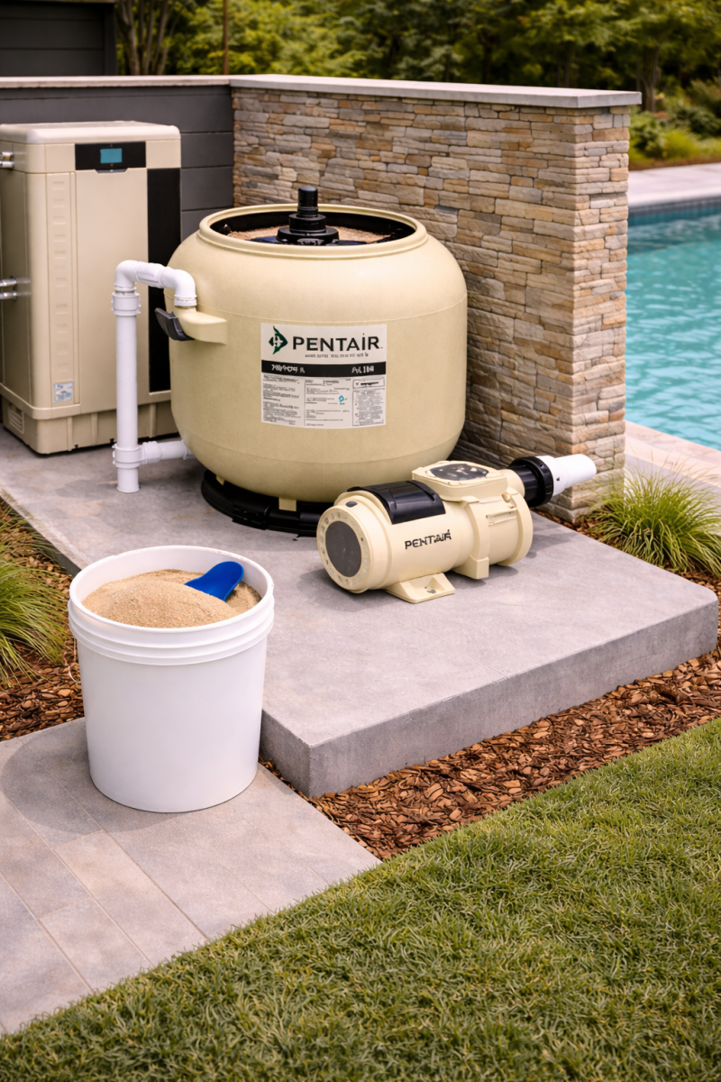 Pool equipment on a concrete pad by a pool: a sand filter, pump, and a bucket of filter sand nearby.
