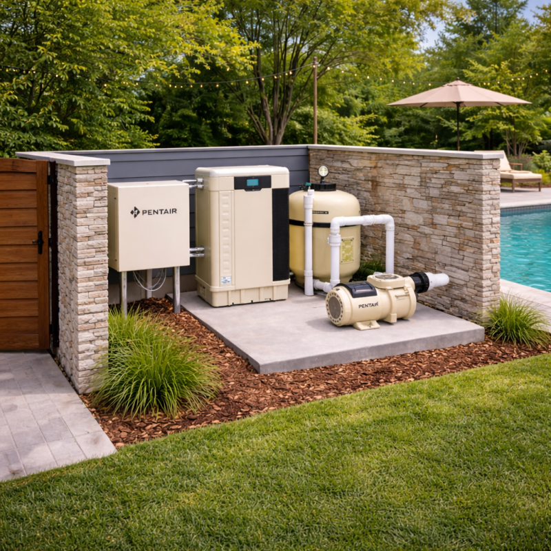 Outdoor pool equipment area with Pentair pump and filter system on a concrete pad beside a stone wall and pool deck